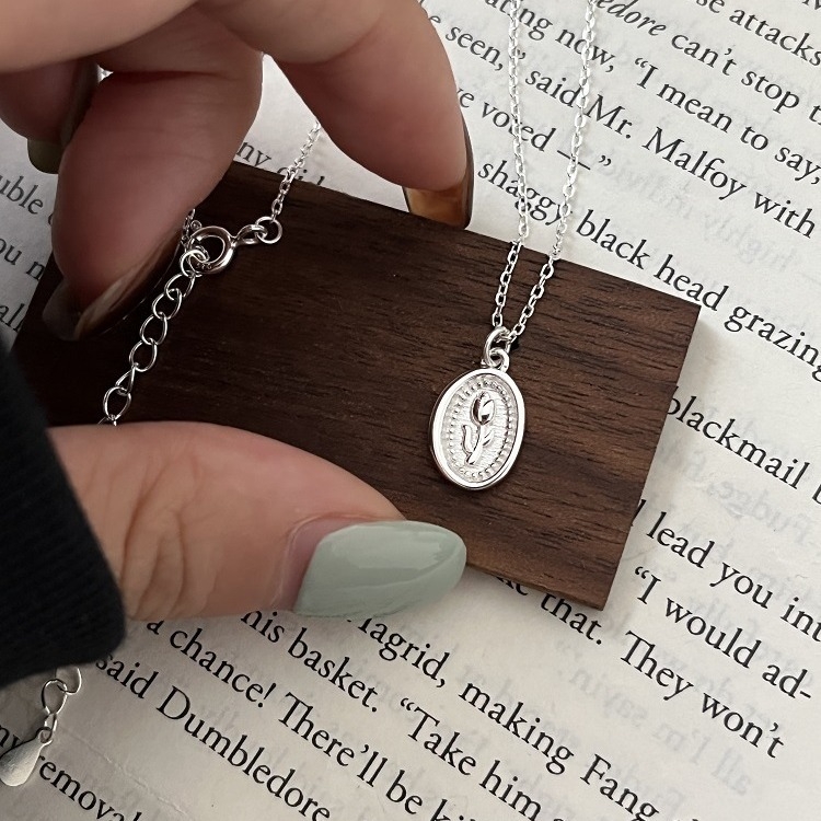 Ogrlica od srebra S925 s okruglim privjeskom u obliku tulipana, križasti lanac, korejski stil, svježe i slatko