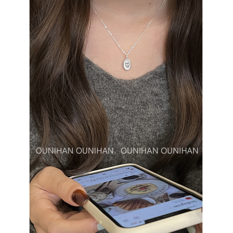 Ogrlica od srebra S925 s okruglim privjeskom u obliku tulipana, križasti lanac, korejski stil, svježe i slatko