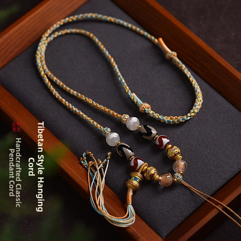 Uniszex hosszú nyaklánc tibeti etnikus stílusban, kézzel készített fonatolt zsinór Dzi gyöngyökkel, buddhista amulett és méhviasz Thangka medál