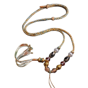 Uniszex hosszú nyaklánc tibeti etnikus stílusban, kézzel készített fonatolt zsinór Dzi gyöngyökkel, buddhista amulett és méhviasz Thangka medál