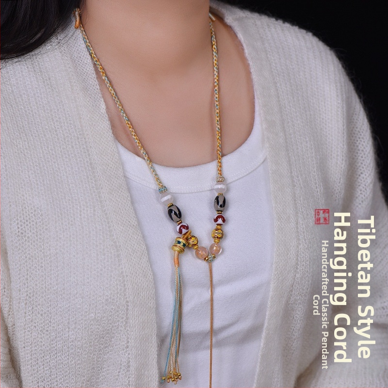 Unisex dlhý náhrdelník v tibetskom etnickom štýle, ručne pletený šnúra s Dzi korálkou, buddhistický amulet a prívesok Thangka zo včelieho vosku
