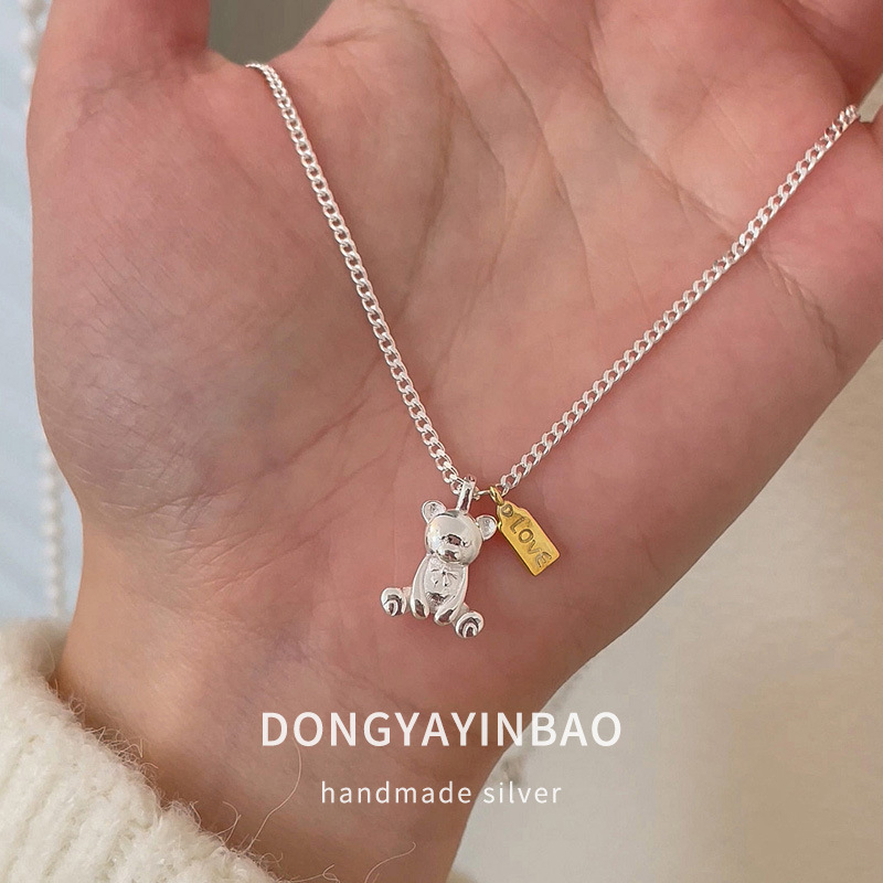 Lančić s privjeskom medvjeda, 925 srebro, podesiva duljina 21–50 cm, korejski stil, minimalistički dizajn