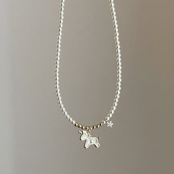 Nauš s višeslojni geometrijski lanac i privjeskom od majčine biserne perle s motivom jednoroga i zvijezde, elektropoliran metal