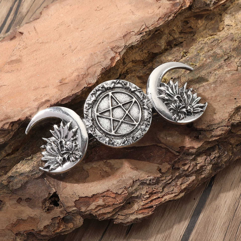 Vintage ukosnica za kosu s mjesecom, cvijetom i zvijezdom s petokrakom, opružni klips, džez stil, unisex; materijal: legura i željezo; ugravirana: bakarno-željezna zlitina