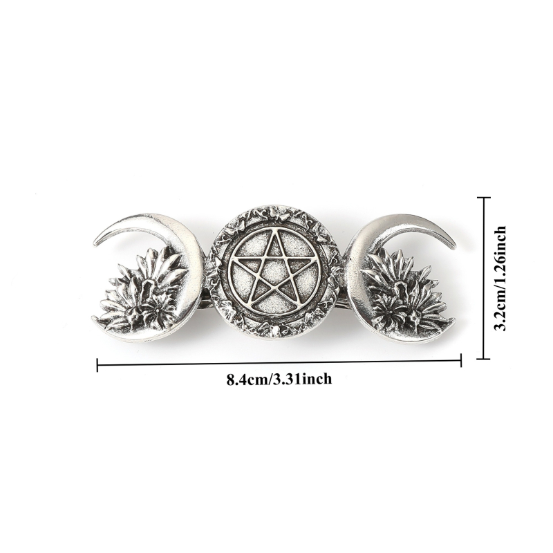 Vintage ukosnica za kosu s mjesecom, cvijetom i zvijezdom s petokrakom, opružni klips, džez stil, unisex; materijal: legura i željezo; ugravirana: bakarno-željezna zlitina