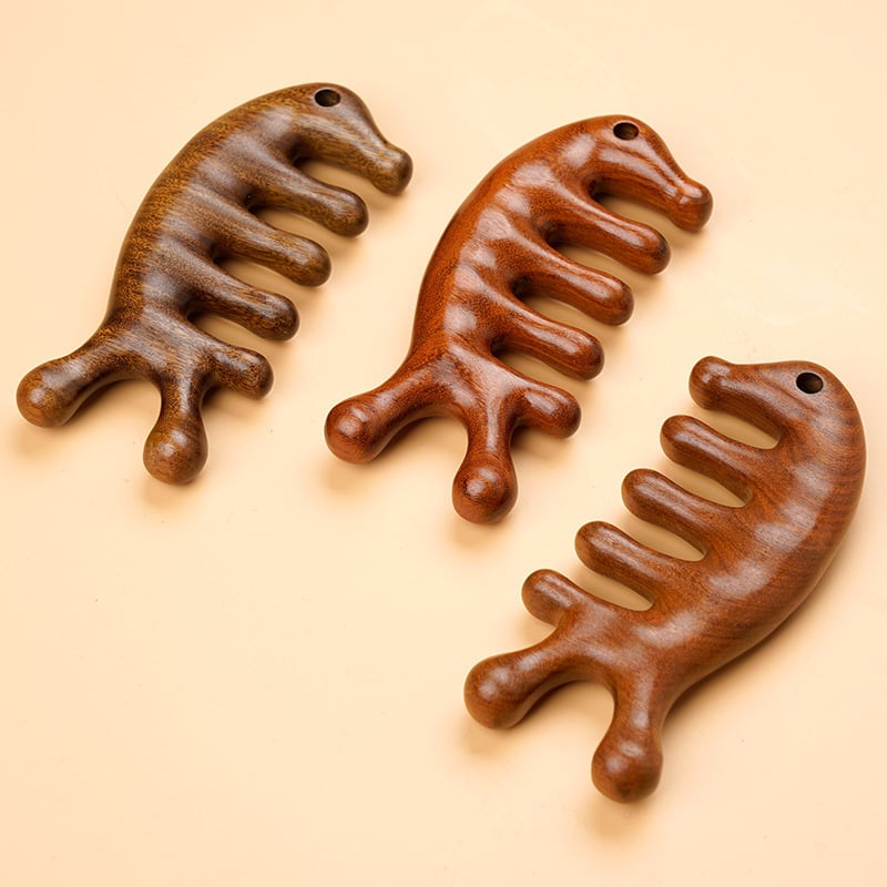 Pieptene de masaj din lemn de santal — terapie meridiană a capului, stimulare a scalpului, pieptene din lemn Benefit