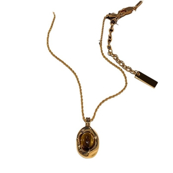 Bakrena ogrlica s privjeskom Tiger Eye, pleteni lanac, retro stil Maillard Wind, ženski nakit