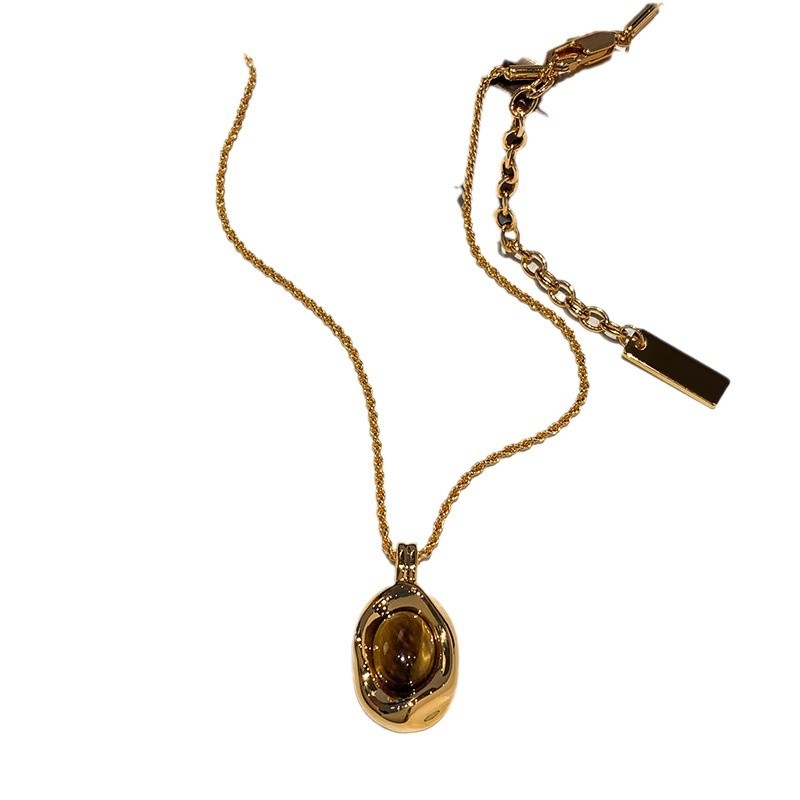 Bakrena ogrlica s privjeskom Tiger Eye, pleteni lanac, retro stil Maillard Wind, ženski nakit