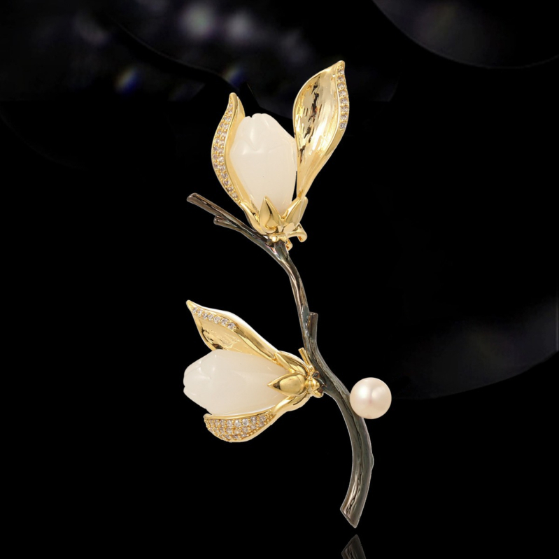 Broš Japansko-Korejskog stila, cvjetni motiv, bakar, dijamantni premaz