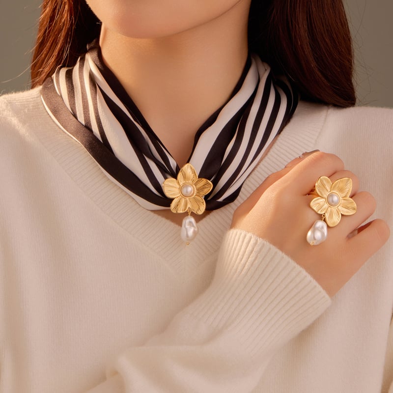 Nimai Női virágos Barokk gyöngy medál — titán acél, elektroplatálás, selyemsál gyűrű