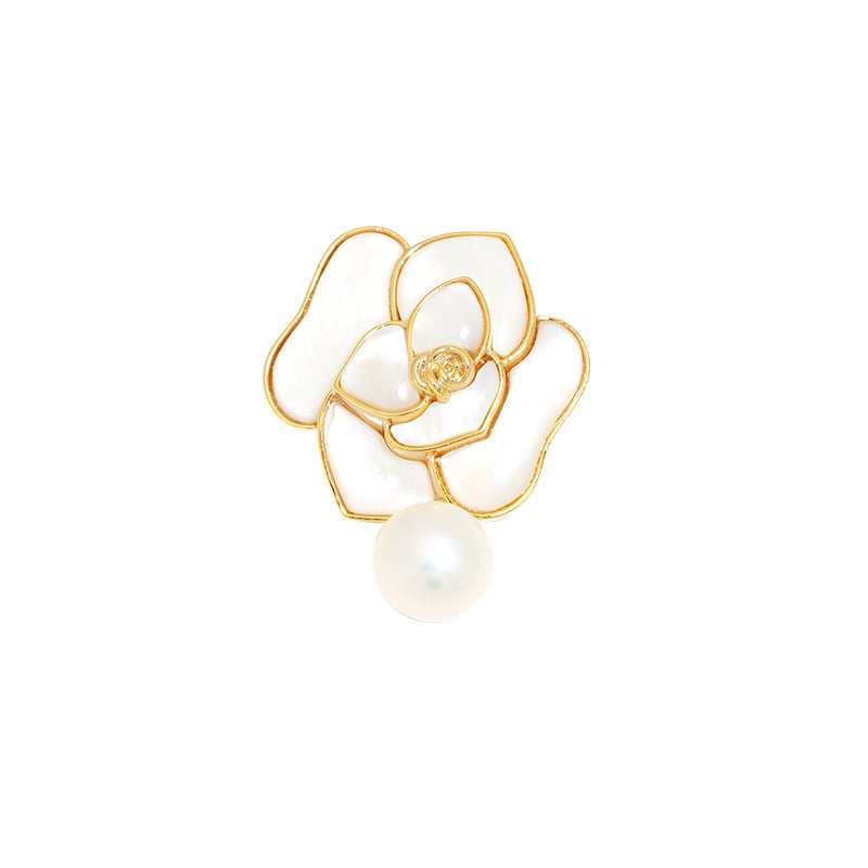 Mesingana broš s kamelijom i perlama, unisex, uredski stil, cvjetni dizajn