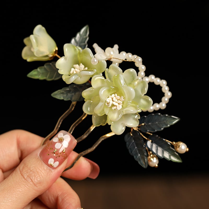 Plaukų aksesuaras - Vintage rankų darbo stiklo gėlių plaukų šukė ir šoninis smeigtukas Pf747-fz