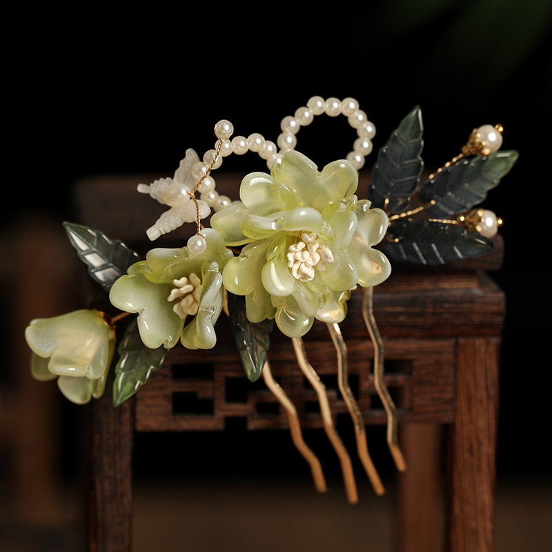 Plaukų aksesuaras - Vintage rankų darbo stiklo gėlių plaukų šukė ir šoninis smeigtukas Pf747-fz