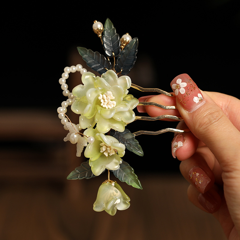 Plaukų aksesuaras - Vintage rankų darbo stiklo gėlių plaukų šukė ir šoninis smeigtukas Pf747-fz