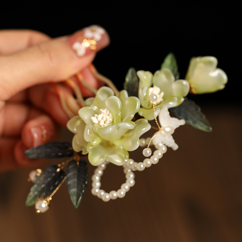 Plaukų aksesuaras - Vintage rankų darbo stiklo gėlių plaukų šukė ir šoninis smeigtukas Pf747-fz