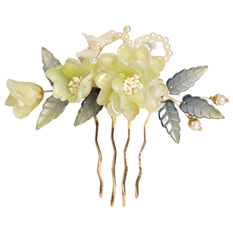 Plaukų aksesuaras - Vintage rankų darbo stiklo gėlių plaukų šukė ir šoninis smeigtukas Pf747-fz