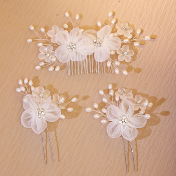 Vjenčani set za kosu: perljasti cvijet, ručno izrađena U-oblik ukosnica s bijelim kristalima, dodatak za kosu