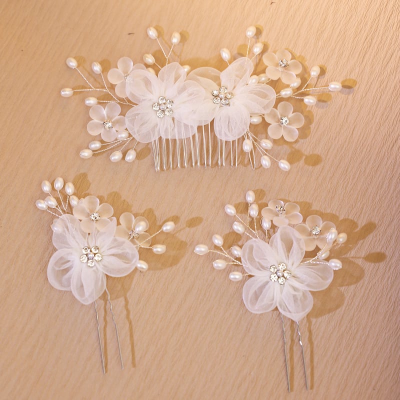 Vjenčani set za kosu: perljasti cvijet, ručno izrađena U-oblik ukosnica s bijelim kristalima, dodatak za kosu