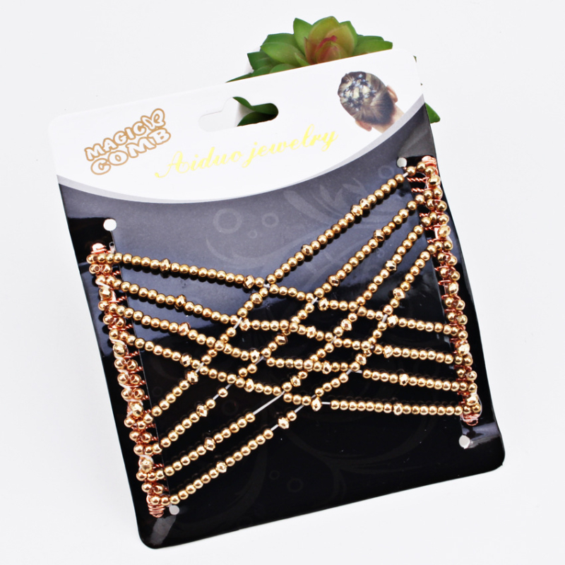 Еластичен гребен за коса с панделка, сплав, кристали с имитационни перли, геометричен кръст, тъкане