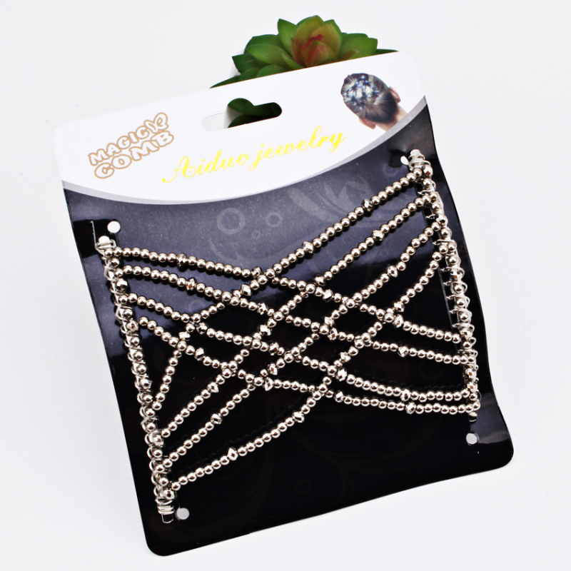 Еластичен гребен за коса с панделка, сплав, кристали с имитационни перли, геометричен кръст, тъкане