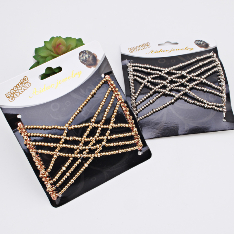 Еластичен гребен за коса с панделка, сплав, кристали с имитационни перли, геометричен кръст, тъкане