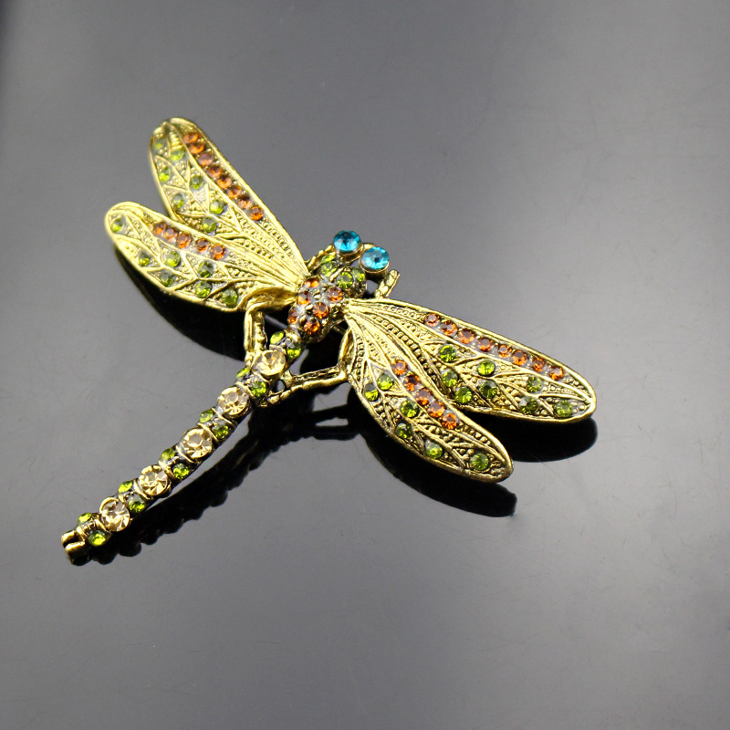 Broš s motivom libelule, kristalna inkrustacija, retro metalni dodatak za žene