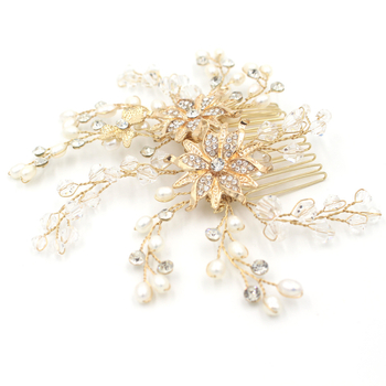Esküvői fésű fémből, egyszerű női stílus, virágos dizájn fehér kristállyal