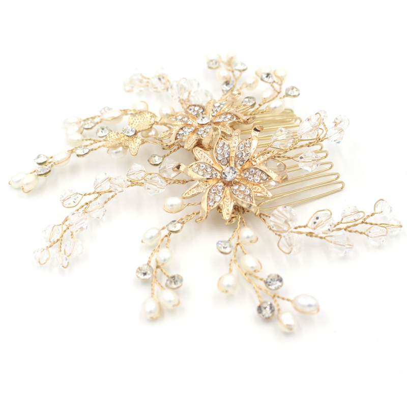 Esküvői fésű fémből, egyszerű női stílus, virágos dizájn fehér kristállyal