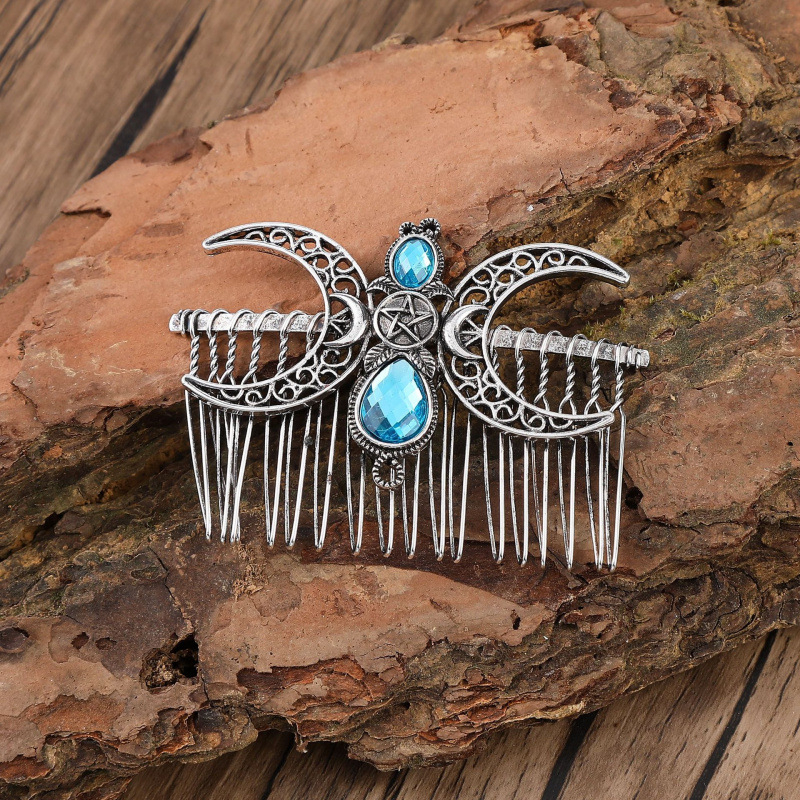 Гребен за коса с лунен мотив - винтидж стил, сплав, унисекс, геометричен дизайн, електроплатинация