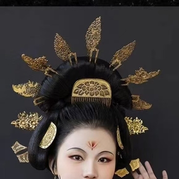 Pieptene pentru păr din cupru pur, placare aur antic, stil etnic, unisex, formă de floare, lucrat manual, doisprezece zei ai florilor, Regele florilor