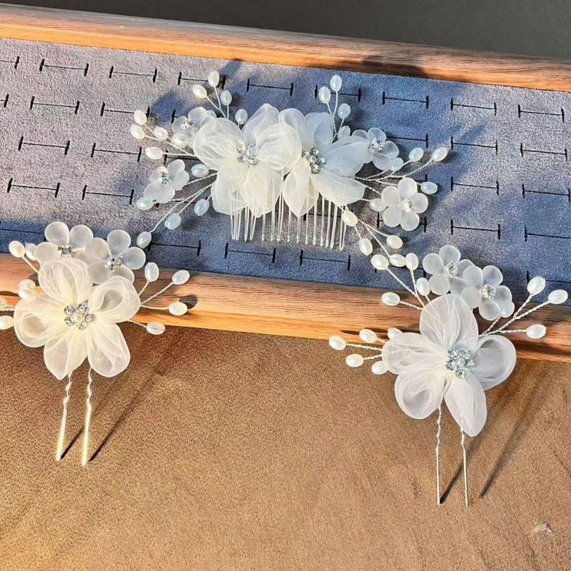 Set dodataka za kosu za vjenčanje — cvjetni oblik, ručna izrada, materijal od tkanine, etnički stil