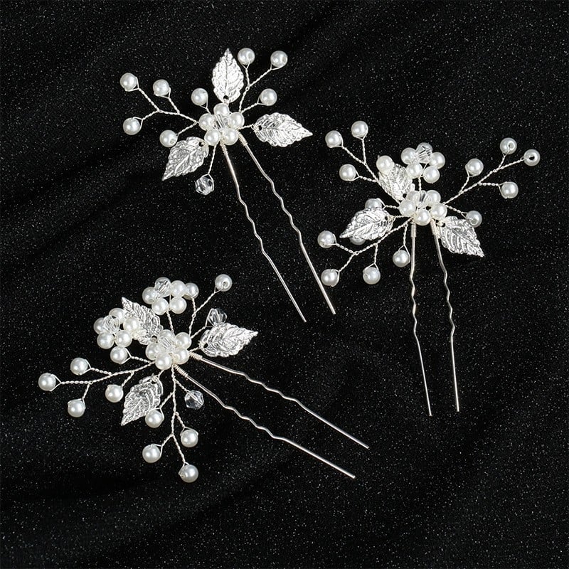 Bojtos hajcsat készlet – antik stílus, geometriai kialakítás, három darab, kristály-gyöngy díszítés, elektroplatinált befejezés