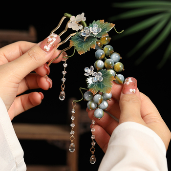 Hanfu hajdísz szőlő alakban, kézzel készült gyantából, vintage Tang stílusú bojtos dísz