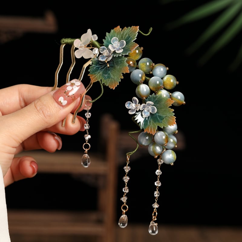 Hanfu hajdísz szőlő alakban, kézzel készült gyantából, vintage Tang stílusú bojtos dísz