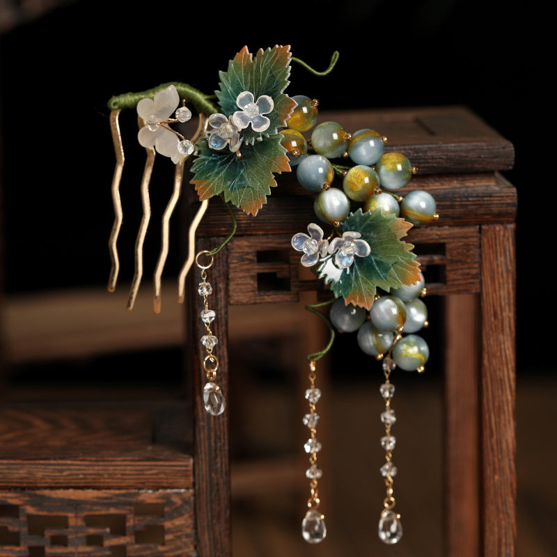 Hanfu hajdísz szőlő alakban, kézzel készült gyantából, vintage Tang stílusú bojtos dísz