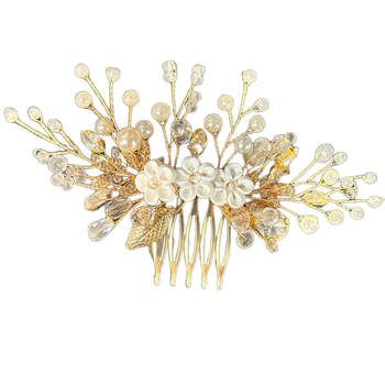 Juukseksessuaar pärlidest ja kristallidest, pööratud kamm, lillekujuline, kudumise tehnika, valged kristallid