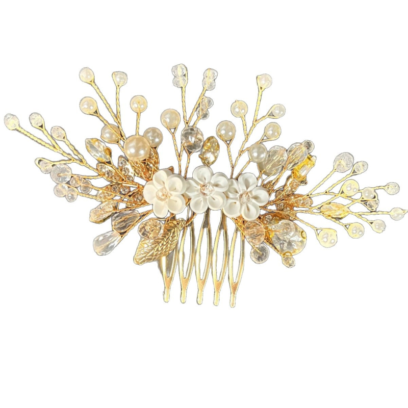 Juukseksessuaar pärlidest ja kristallidest, pööratud kamm, lillekujuline, kudumise tehnika, valged kristallid