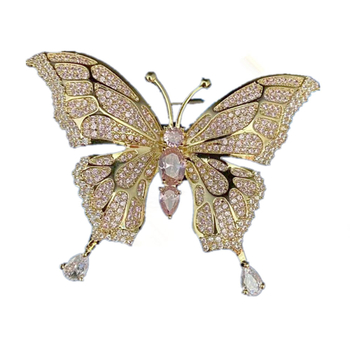 Réz alapú pillangó bross cirkóniával díszített, női divat kiegészítő, fémbe bevonva