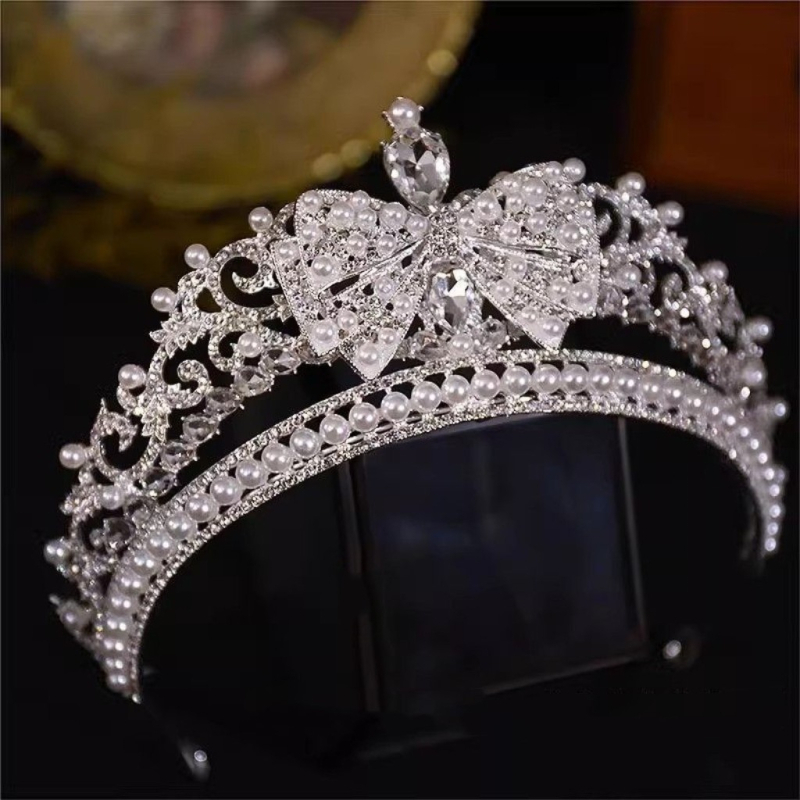 Krunica za princezu od legure s mašnicom – vjenčana kruna, karikaturni stil, elektroplatirani srebrni premaz, bijeli kristali