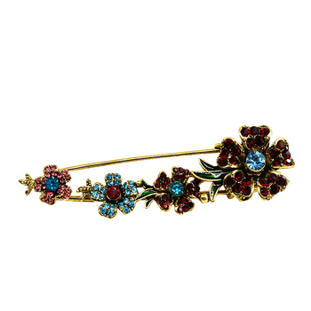 Брошка с цветя, сплав, инкрустирани изкуствени камъни, електроплакиране