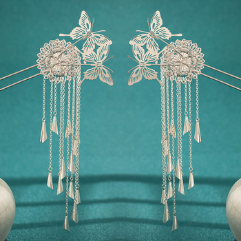 Agrafă de păr cu ciucuri în stil antic pentru Hanfu, metalică, cu motivație fluture, design geometric (Material: Metal, Stil: Retro, Modelare: Geometric, Ambalare: Ambalaj independent, Categoria: Accesoriu pentru păr)