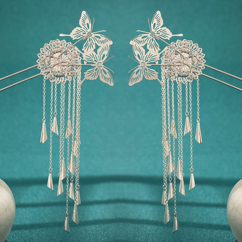 Agrafă de păr cu ciucuri în stil antic pentru Hanfu, metalică, cu motivație fluture, design geometric (Material: Metal, Stil: Retro, Modelare: Geometric, Ambalare: Ambalaj independent, Categoria: Accesoriu pentru păr)