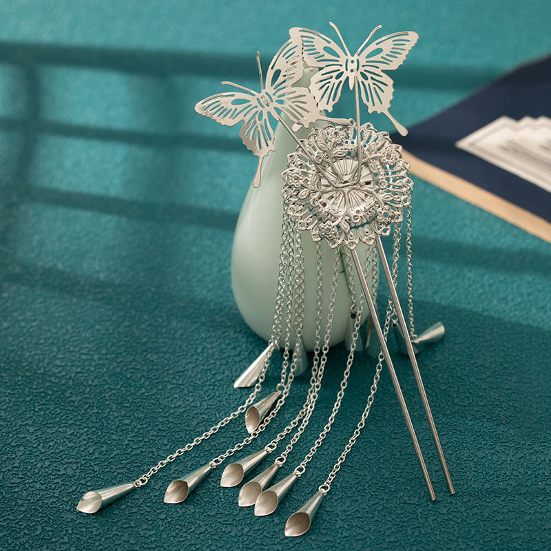 Agrafă de păr cu ciucuri în stil antic pentru Hanfu, metalică, cu motivație fluture, design geometric (Material: Metal, Stil: Retro, Modelare: Geometric, Ambalare: Ambalaj independent, Categoria: Accesoriu pentru păr)