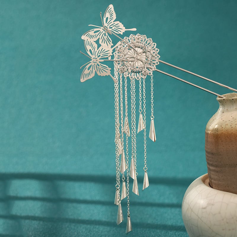 Agrafă de păr cu ciucuri în stil antic pentru Hanfu, metalică, cu motivație fluture, design geometric (Material: Metal, Stil: Retro, Modelare: Geometric, Ambalare: Ambalaj independent, Categoria: Accesoriu pentru păr)