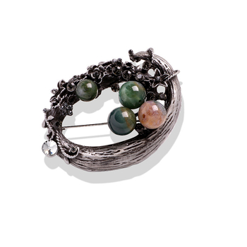 Broșă Yini din aliaj, flori și plante, cu pietre încrustate; utilizare dublă