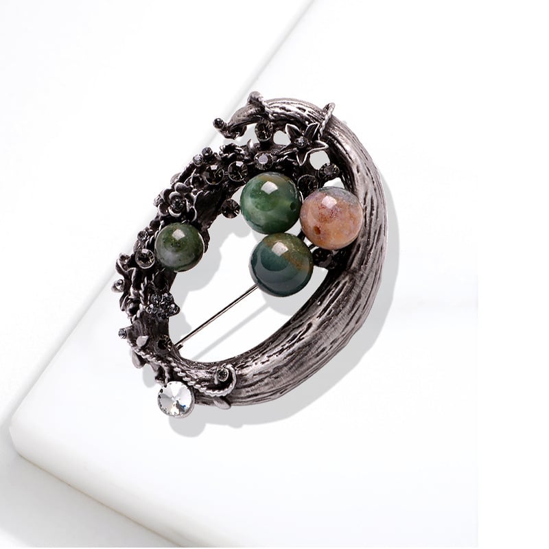 Broșă Yini din aliaj, flori și plante, cu pietre încrustate; utilizare dublă