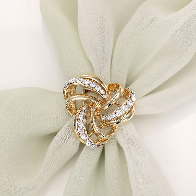 Broșă pentru eșarfă cu cataramă din trei inele, floare cu strasuri, aliaj, electroplating, accesoriu de modă pentru femei