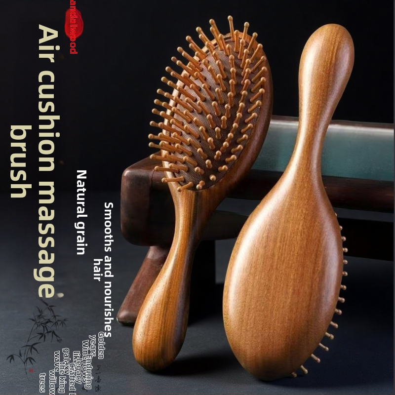 Szantálfából készült elliptikus alakú fésű, légpárnás masszázssal a fejbőrre és hajápolásra, hordozható
