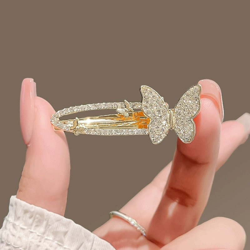 Clip de păr cu încrustare de diamant în formă de fluture, din aliaj, placare electroplatină, stil proaspăt și dulce