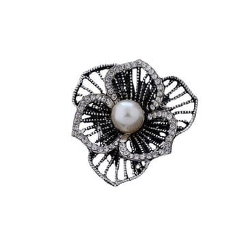 Broșă cu flori, strasuri și perle artificiale pentru eșarfă, din aliaj, placare electrolitică, mozaic de diamant